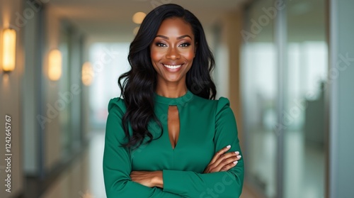 a woman confidently smiling, standing with her arms crossed. She is wearing a stylish green blouse that has a keyhole neckline, adding a touch of elegance to her appearance.  photo