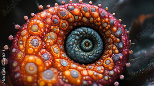 Giant Pacific octopus tentacle with vibrant orange suction cups in spiral pattern against dark background. Marine life macro photography photo