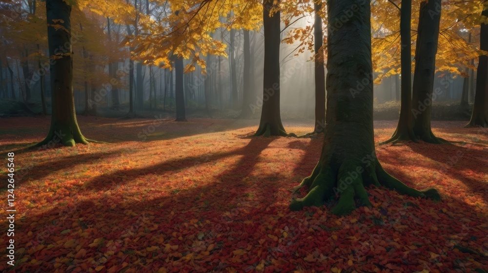 Fototapeta premium Sunlit Autumn Forest Floor with Fallen Leaves