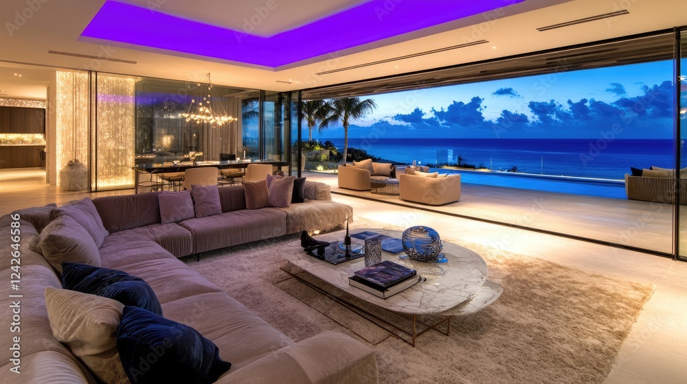 Fototapeta premium Spacious luxury living room with a panoramic window, velvet sofa, marble coffee table, and chic decorative accents in soft lighting.