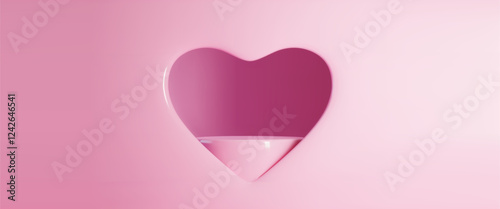 Pink podium in heart shape window. Vector realistic illustration of saint valentine or mothers day banner background, glossy platform for product, gift, sale or discount presentation, holiday card