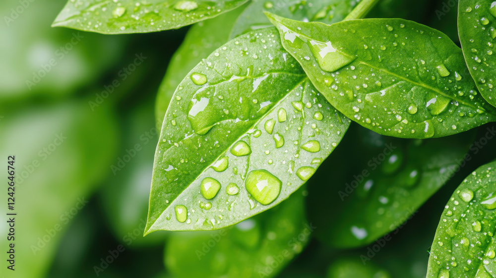 Fototapeta premium Fresh Green Leaves with Water Droplets Close Up in Natural Setting
