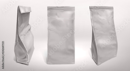 Coffee paper bag mockup set - vertical packaging template in white material, rectangular retail pouch with gusset, folded container design. Branding and product storage presentation template.