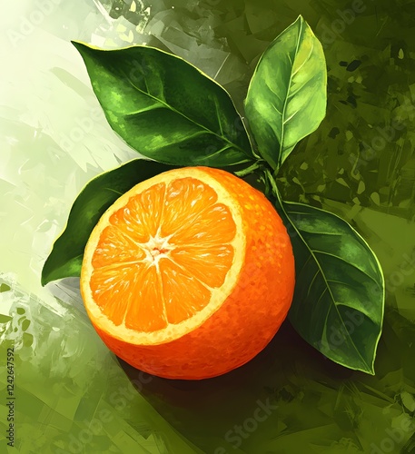 A Halved Orange Rests Beside Lush Green Leaves