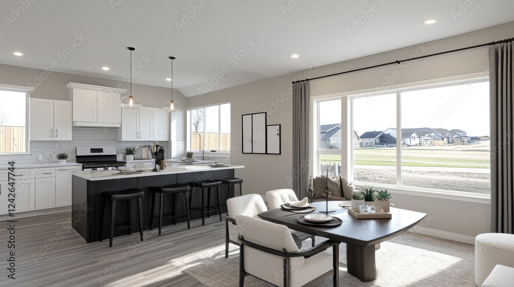 Fototapeta premium Stylish modern farmhouse living space with comfortable furniture, rustic elements, and an open-concept design.