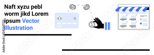 Digital credit card security represented by shield icon. Black hand transferring currency to e-commerce storefront. Ideal for ecommerce, online business, security, transactions, fintech, internet