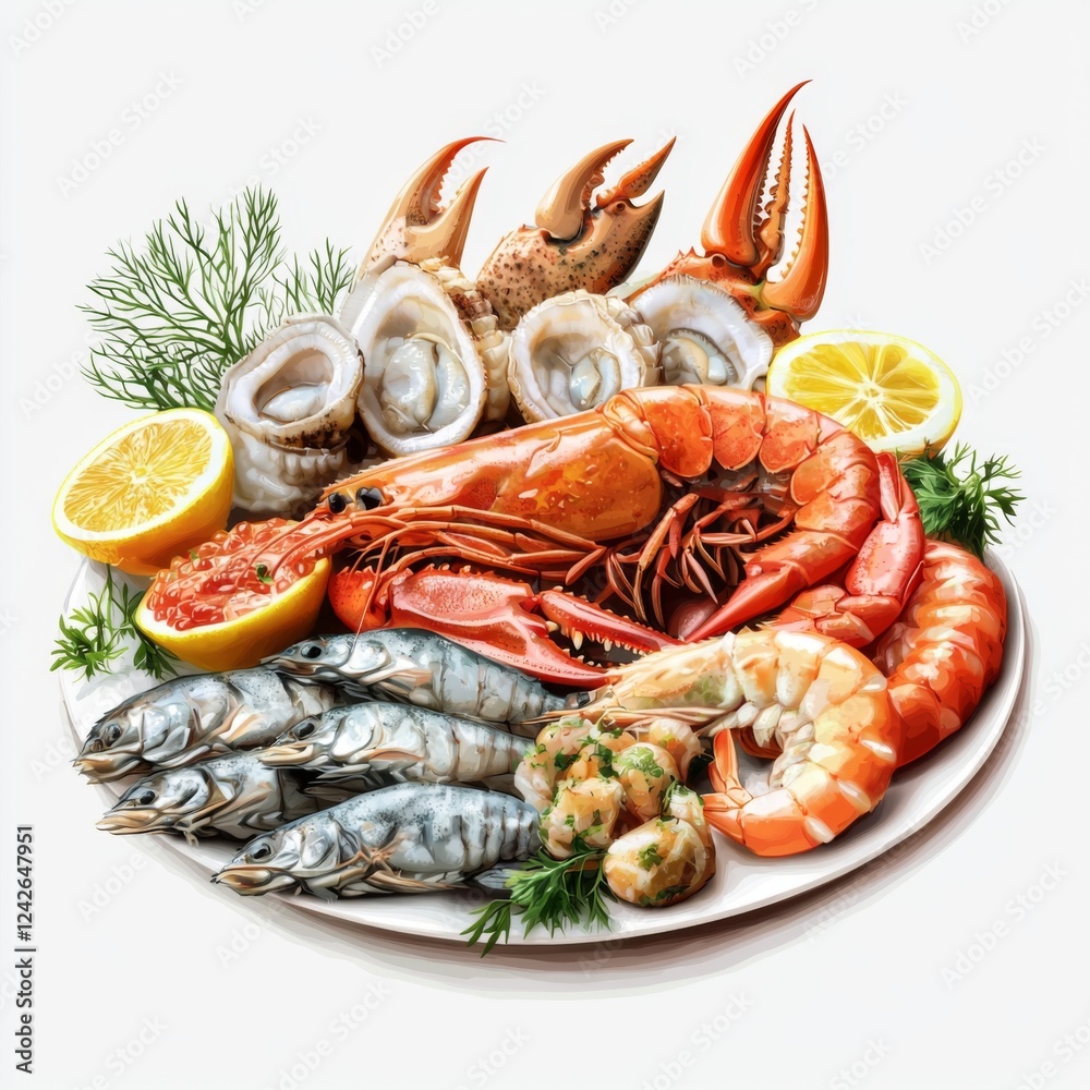 Fresh and Vibrant Seafood Platter with Prawns, Crabs, Oysters, and Lemon Garnish Against a Light Background Fresh and Vibrant Seafood Platter with Prawns, Crabs, Oysters, and Lemon Garnish Against a Light Background