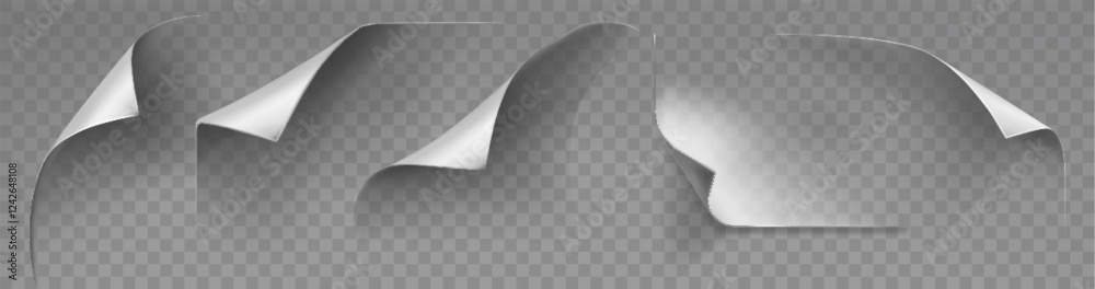 Curled paper corners set on transparent background. Vector realistic illustration of folded or peeled sticker sheet, turned book, magazine or brochure page, rolled frame design, bent border effect