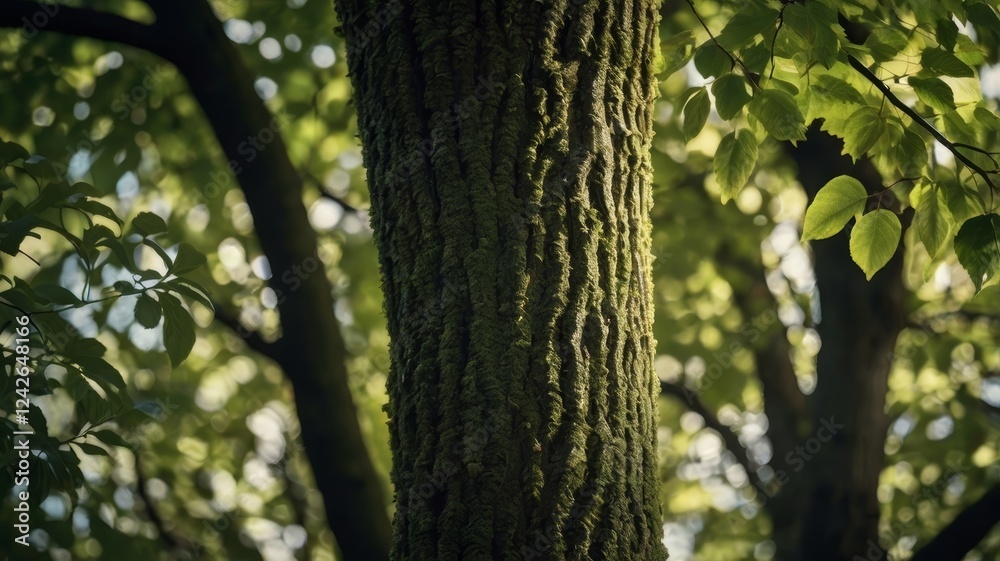 Sunlit Mossy Tree Trunk in Verdant Forest Sunlit Mossy Tree Trunk in Verdant Forest