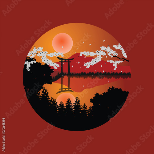 Torii Gate Illustration Design with Cherry Blossoms in Red Color