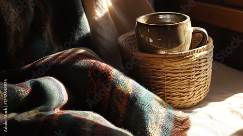 Warm and inviting coffee moment with a stylish mug, a woven basket, and cozy neutral dcor.