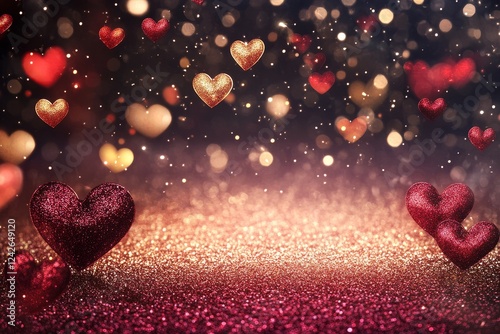 Romantic Hearts Glitter Background - Sparkling red and gold hearts falling on a glittering background, perfect for Valentine's Day or romantic themes. photo