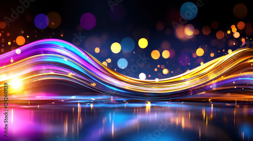Vibrant abstract light trails with colorful bokeh background create dynamic and energetic visual effect. flowing lines and glowing orbs add sense of motion and excitement