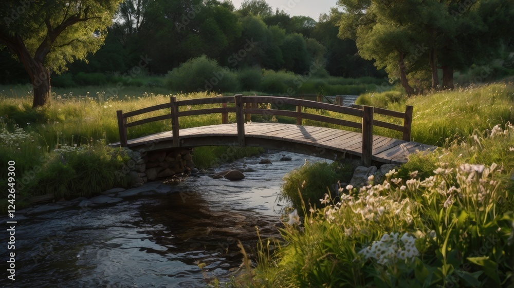 Serene Wooden Bridge Spanning a Pastoral Stream Serene Wooden Bridge Spanning a Pastoral Stream