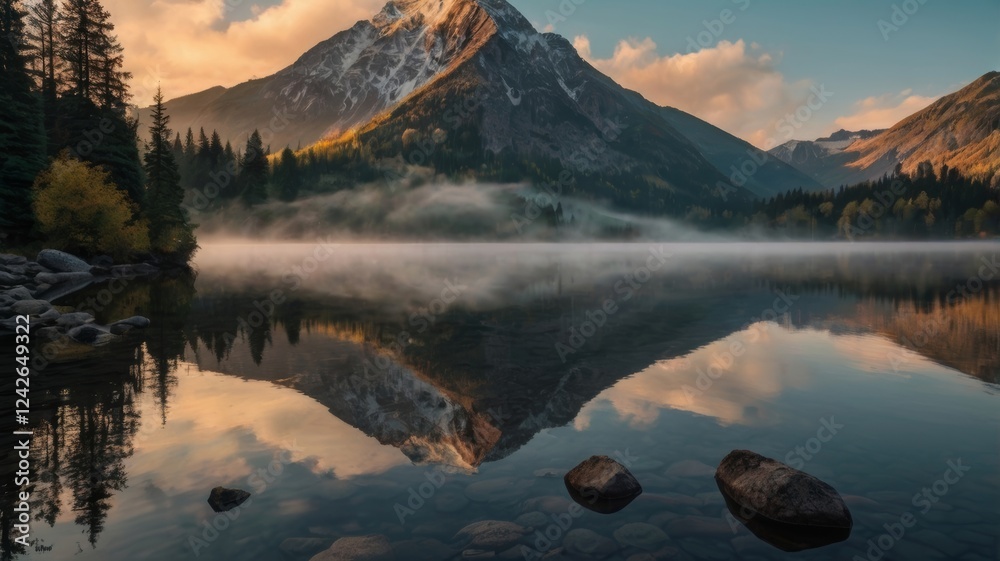 Fototapeta premium Serene Mountain Lake Reflection at Dawn