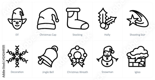 A set of 10 christmas icons as elf, christmas cap, stocking