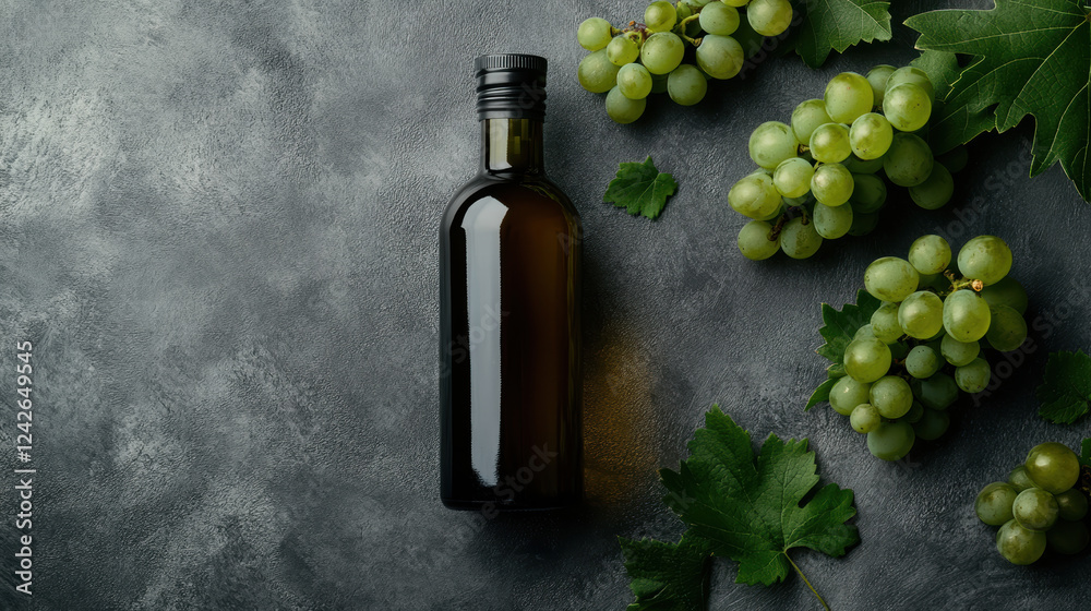 Obraz premium close up of sleek bottle of oil surrounded by fresh green grapes and leaves, showcasing natural and healthy lifestyle. rich textures and colors evoke sense of freshness and vitality