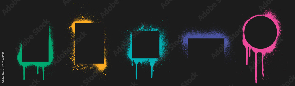 Graffiti stencil frames with neon spray effect - geometric shapes of rectangle, square and circle borders in vibrant colors with drips and scattered particles on dark background. Street art elements.