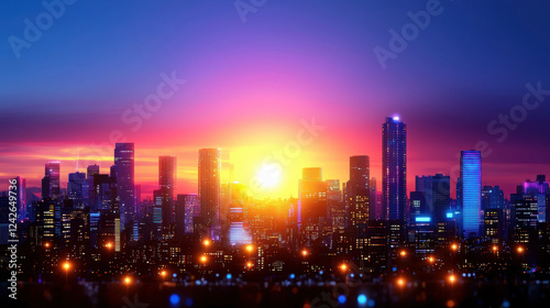 Wallpaper Mural vibrant city skyline is illuminated by setting sun, casting colorful hues across sky and reflecting off tall buildings. scene captures bustling energy of urban life at dusk Torontodigital.ca