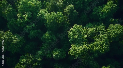An aerial view of a dense, green forest canopy