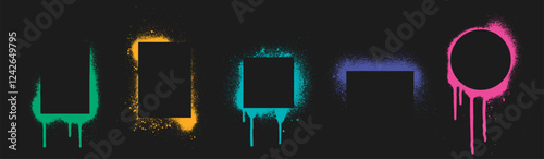 Graffiti stencil frames with neon spray effect - geometric shapes of rectangle, square and circle borders in vibrant colors with drips and scattered particles on dark background. Street art elements.