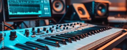 Modern music production studio with a professional audio mixing console, keyboard, and speakers, perfect for creative sound recording and mixing. photo