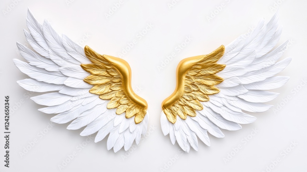 Obraz premium Elegant White and Gold Angel Wings - Symbolizing purity, grace, protection, faith, and freedom, these elegant angel wings are a stunning decorative piece.