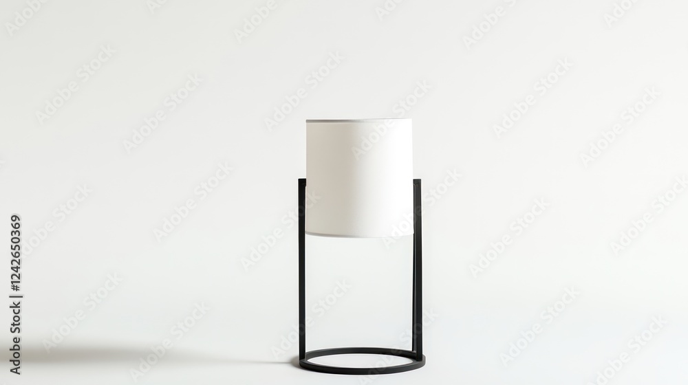 A modern minimalist table lamp with a sleek black metal frame and a cylindrical white shade, captured from a front view A modern minimalist table lamp with a sleek black metal frame and a cylindrical white shade, captured from a front view