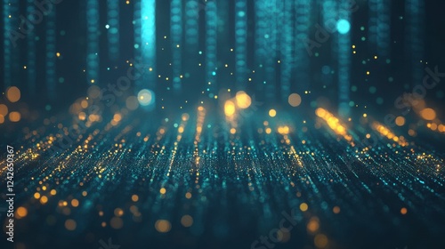 A professional futuristic data visualization dashboard with holographic elements glowing in teal and gold over a dark gradient