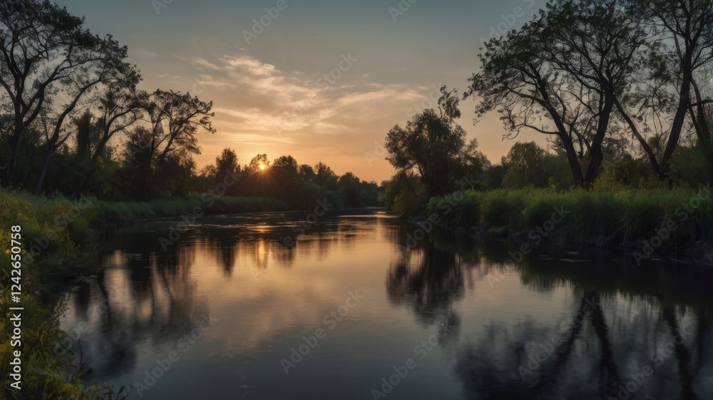 Serene Sunset River Reflections: Tranquil Waterscape at Dusk Serene Sunset River Reflections: Tranquil Waterscape at Dusk