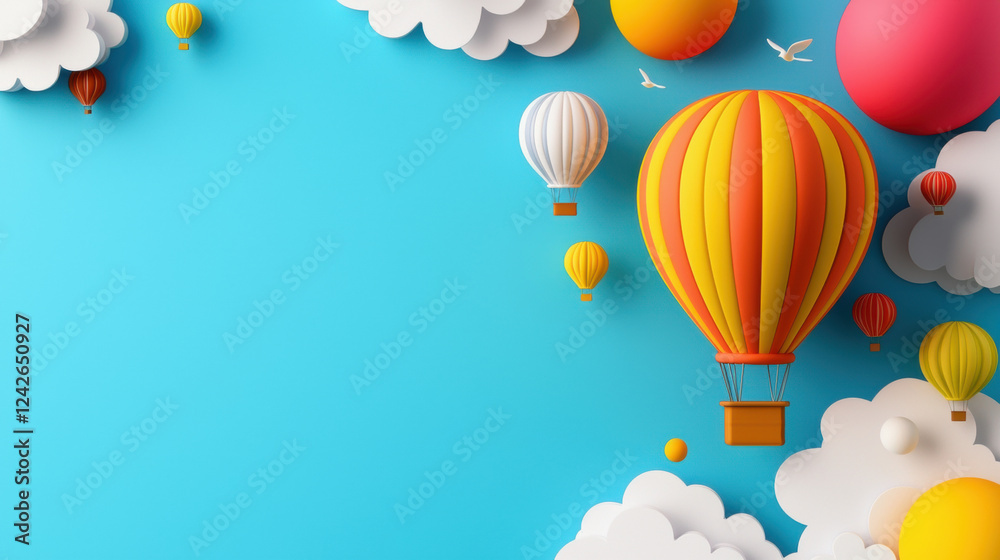 Obraz premium Colorful hot air balloons float among fluffy clouds in bright blue sky, creating whimsical and cheerful scene. vibrant colors and playful design evoke sense of adventure and freedom