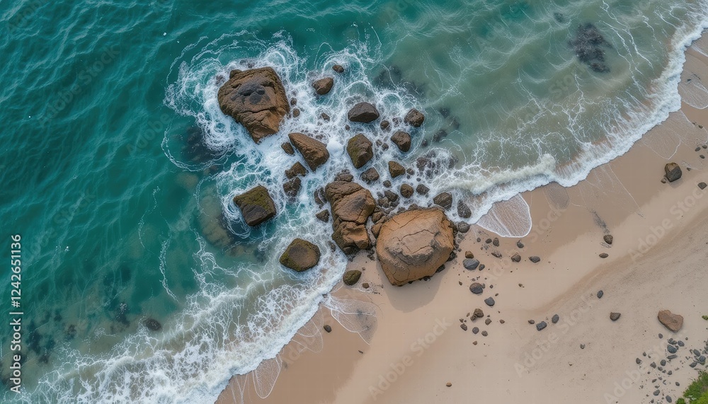 Obraz premium Photo from above of sea water crashing against a rocky cliff on the seashore