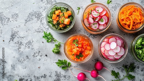 Colorful Fermented Vegetables in Jars with Fresh Herbs