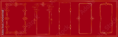 Chinese golden frame collection - traditional oriental border designs with geometric ornaments on red background. Elegant rectangular decorative elements with corners and patterns for Asian banner.