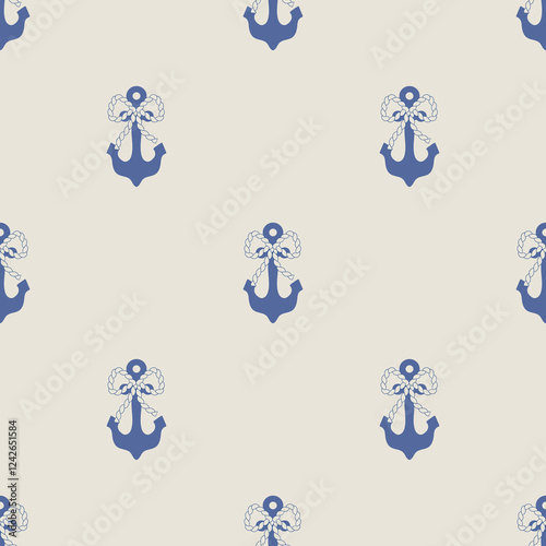 Anchor and mooring rope with cute bows vector seamless pattern. Fisherman aesthetic background for textile, paper, wrapping, package.