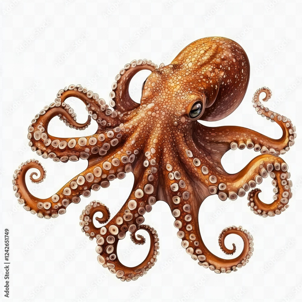 Obraz premium Realistic Illustration of a Brown Octopus with Detailed Arms and Textured Skin on Transparent Background