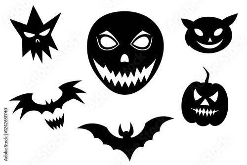 Fright Night Halloween Masks – Spooky Vector Illustration & Line Art Set