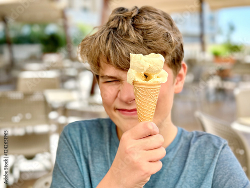 Obraz na płótnie Cheerful laughing preteen boy eating multicolored ice cream in a waffle cone. Cool in the summer heat.Sweet snack for children. Happy child. w salonie