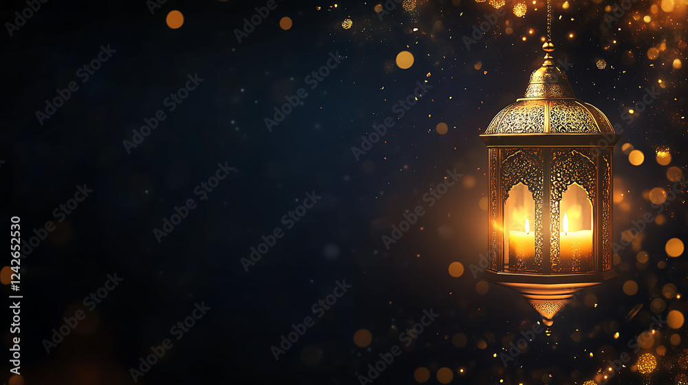 Ornamental Arabic lantern with burning candle glowing at night. Festive greeting card, invitation for Muslim holy month Ramadan Kareem