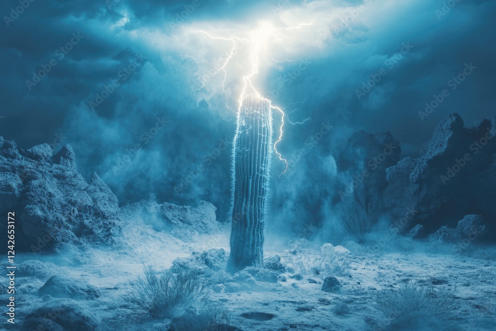 A lone saguaro cactus stands resilient amidst a dramatic desert thunderstorm, lightning striking nearby. A lone saguaro cactus stands resilient amidst a dramatic desert thunderstorm, lightning striking nearby.