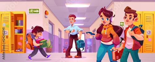 School corridor with people - child pupil carry books and backpacks, teacher check time, teenage students walk and talk. Yellow lockers, emergency signs and exit door in educational facility hallway.