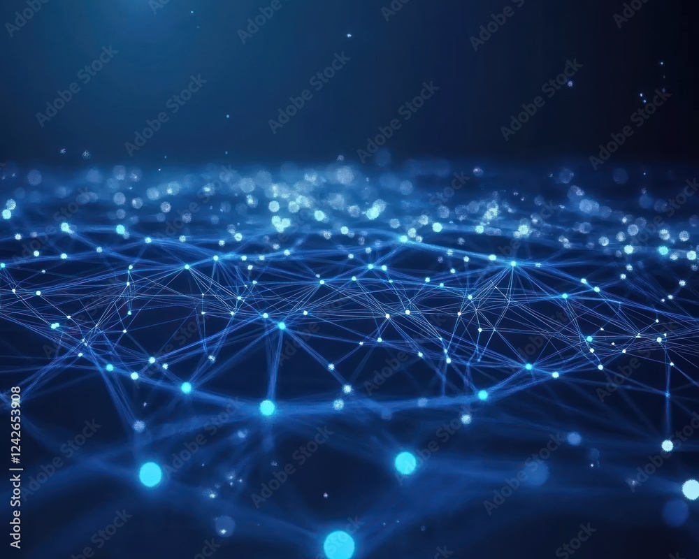 Fototapeta premium Abstract blue connected dots, lines on wavy surface, technology, science, data use, future