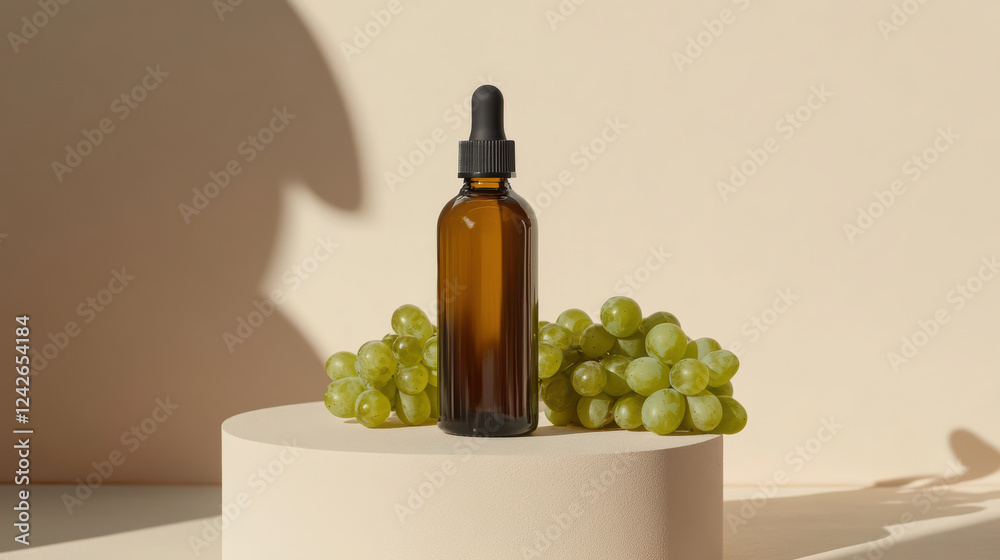 Fototapeta premium corked bottle of grape seed oil stands elegantly on pedestal, surrounded by fresh green grapes, creating serene and natural atmosphere
