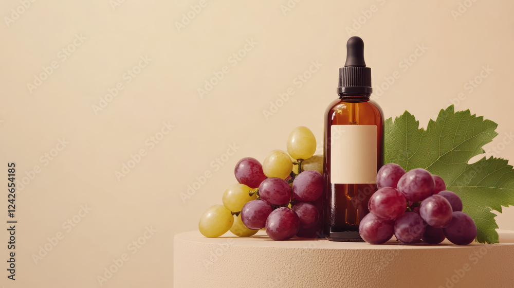 Obraz premium corked bottle of grape seed oil sits elegantly beside fresh grapes, showcasing natural and eco friendly aesthetic. warm tones create soothing atmosphere