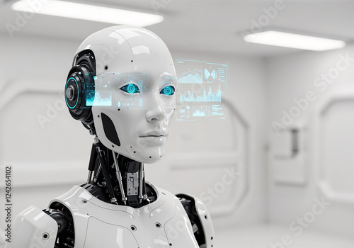 android robot made of mechanical parts with a digital interface in front of it . Generative AI