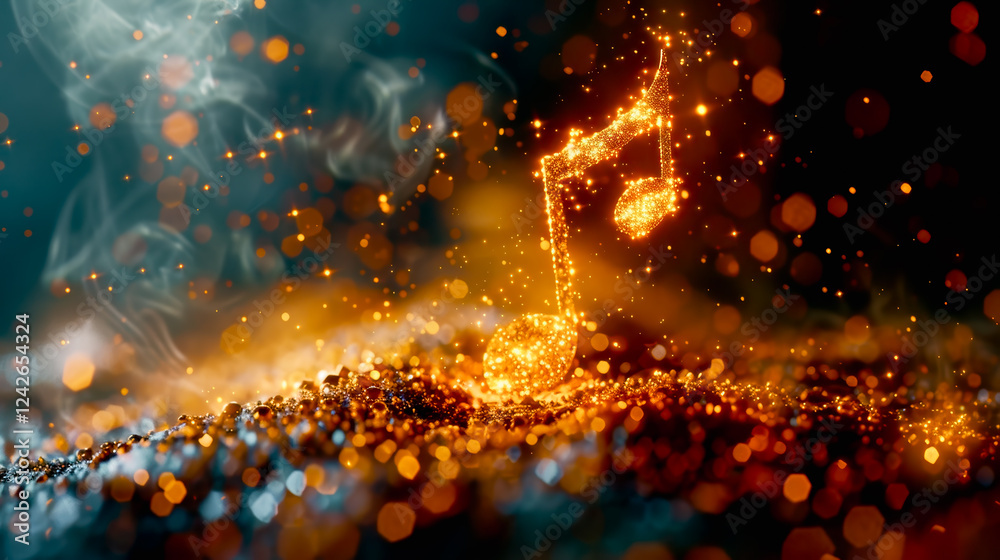 Naklejka premium Music notes and music staft floating and spreading hyper realistic abstact background.