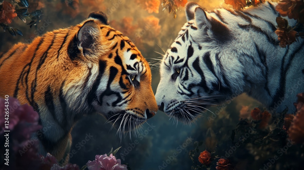 Fototapeta premium Tiger Duo: A Gentle Encounter - Two majestic tigers, orange and white, meet in a serene garden setting. Symbolizing harmony, balance, wild beauty, connection, and peace.