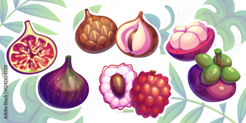 Tropical whole and cut fruit set with fresh mangosteen, purple fig, sweet lychee, ripe salak snake fruit on green plant leaves background. Cartoon vector bright exotic organic food illustration.