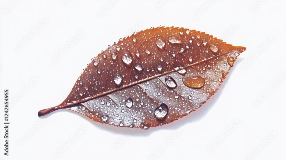 A single tea leaf with a glossy surface and water droplets, captured from a macro close-up view against a white background A single tea leaf with a glossy surface and water droplets, captured from a macro close-up view against a white background