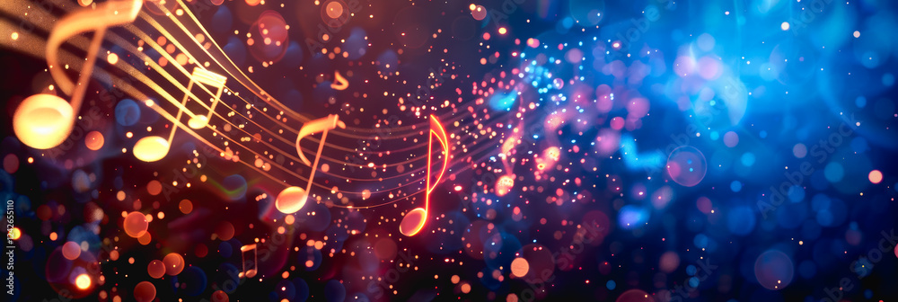 Fototapeta premium Music notes and music staft floating and spreading hyper realistic abstact banner template background.